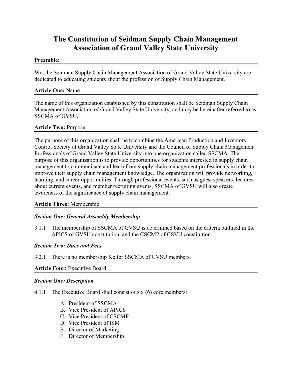 The Constitution of Seidman Supply Chain Management Association of Grand Valley State University Preamble