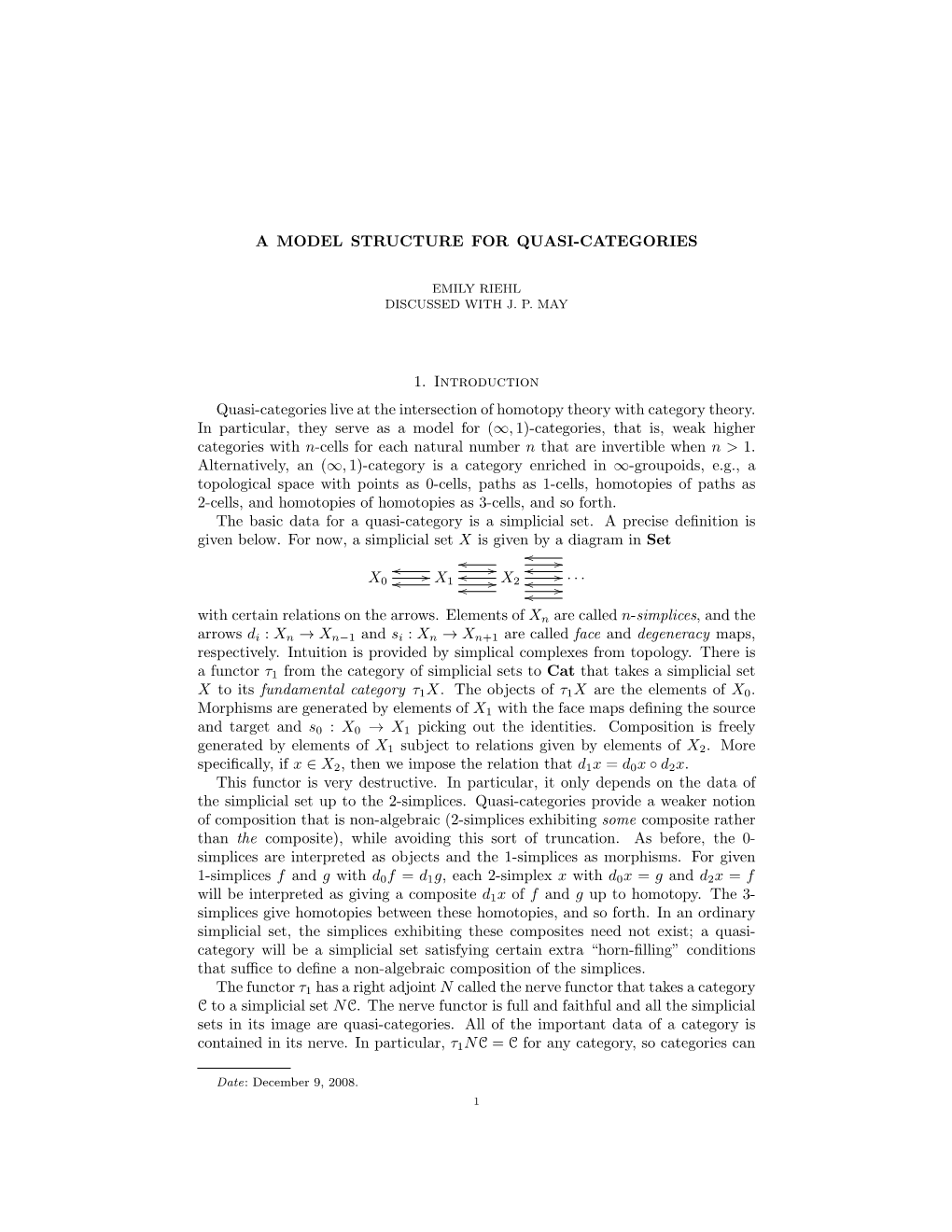 A Model Structure for Quasi-Categories