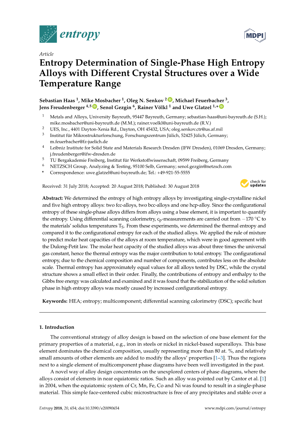 Entropy Determination of Single-Phase High Entropy Alloys with Different Crystal Structures Over a Wide Temperature Range