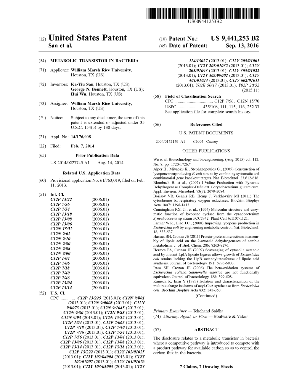 C12) United States Patent (IO) Patent No.: US 9,441,253 B2 San Et Al