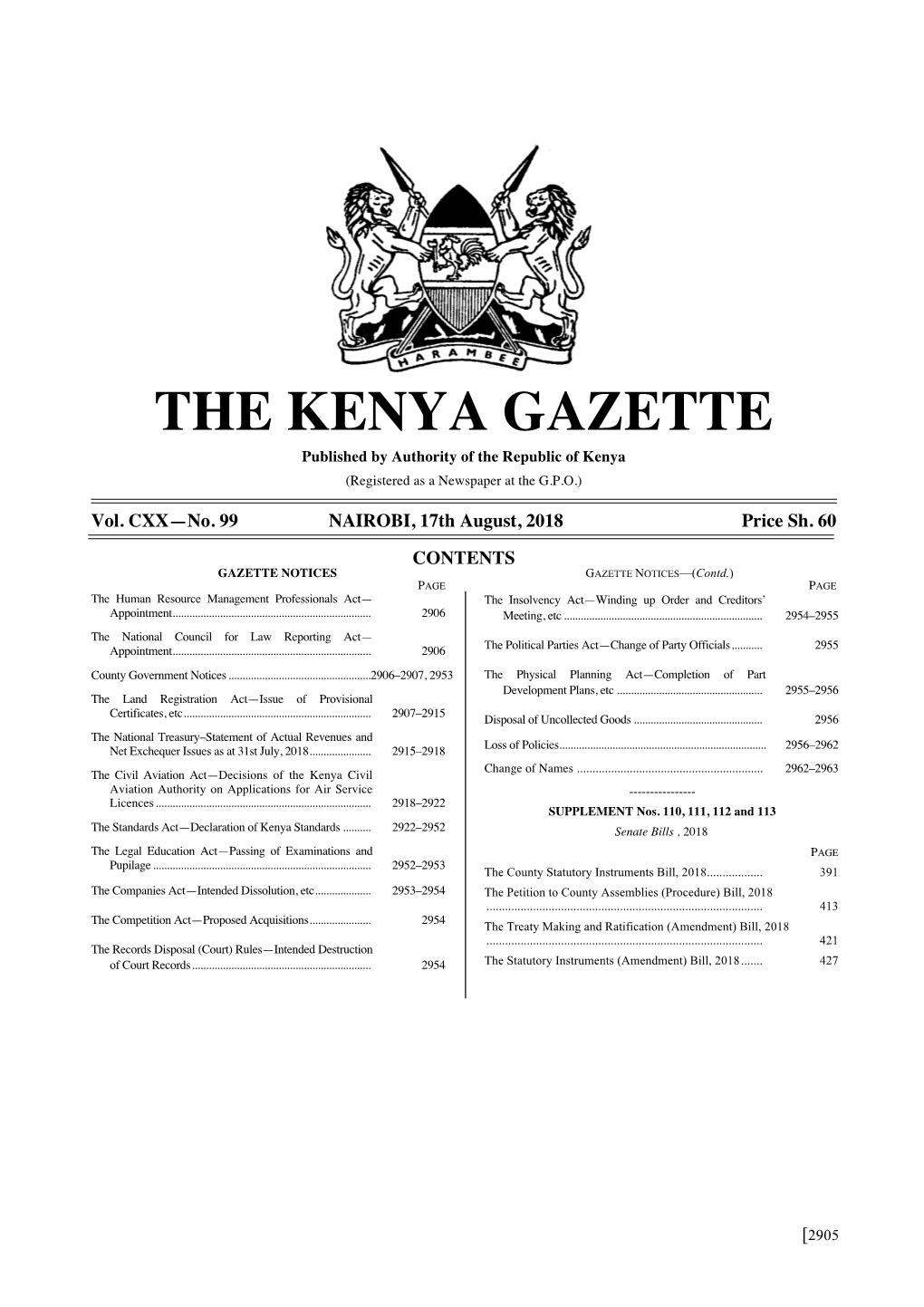 THE KENYA GAZETTE Published by Authority of the Republic of Kenya (Registered As a Newspaper at the G.P.O.)