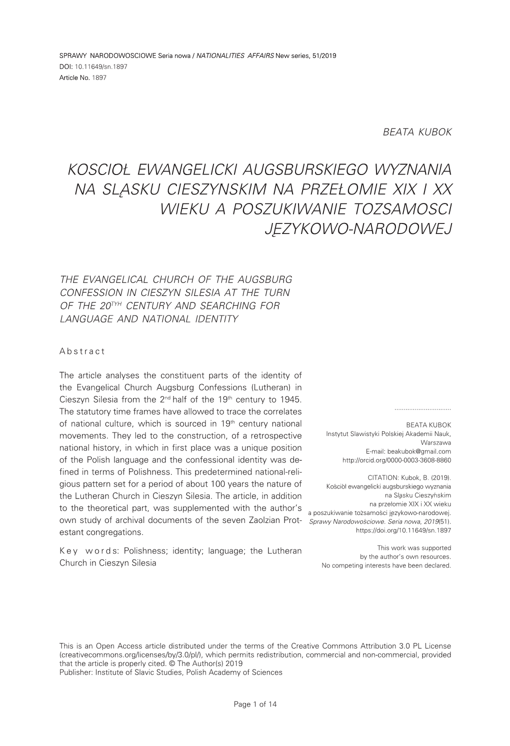 Kościół Ewangelicki Augsburskiego Wyznania Na Śląsku Cieszyńskim Na Przełomie XIX I XX Wieku a Poszukiwanie Tożsamości