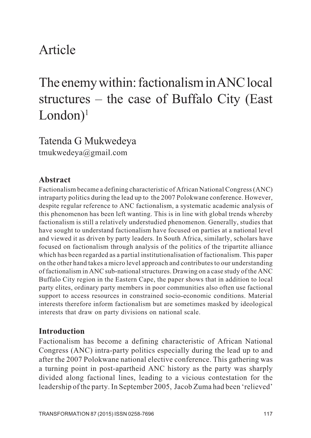 Factionalism in ANC Local Structures – the Case of Buffalo City (East London)1