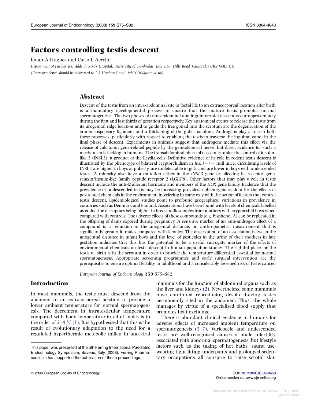 Factors Controlling Testis Descent