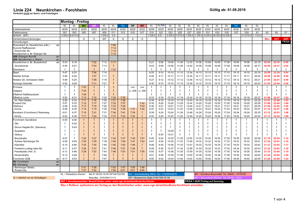 Linie 224 Neunkirchen - Forchheim Gültig Ab: 01.09.2019 Verkehrt Nicht an Sonn- Und Feiertagen