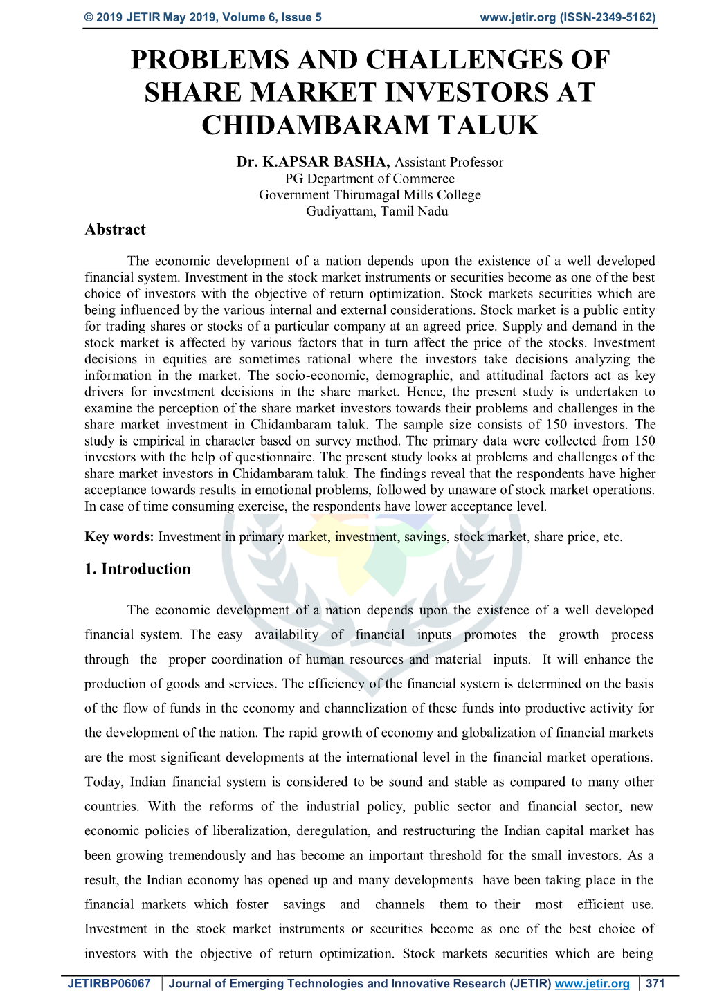 Problems and Challenges of Share Market Investors at Chidambaram Taluk