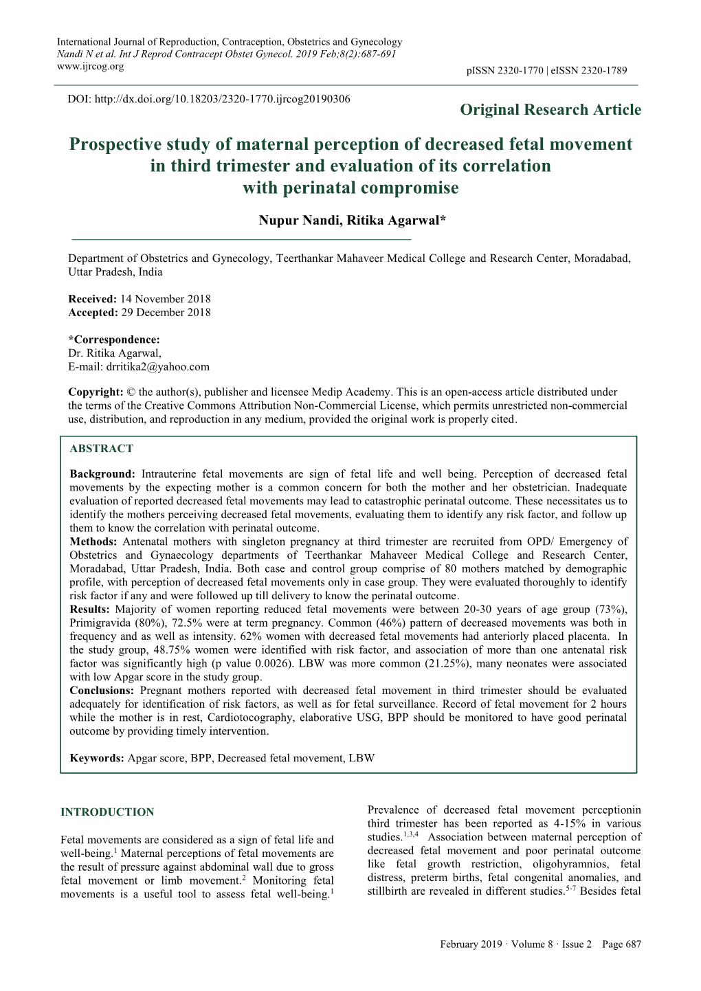 Prospective Study of Maternal Perception of Decreased Fetal Movement in Third Trimester and Evaluation of Its Correlation with Perinatal Compromise