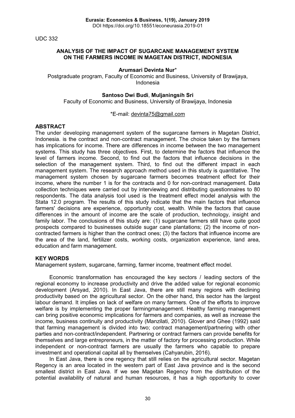 Udc 332 Analysis of the Impact of Sugarcane Management