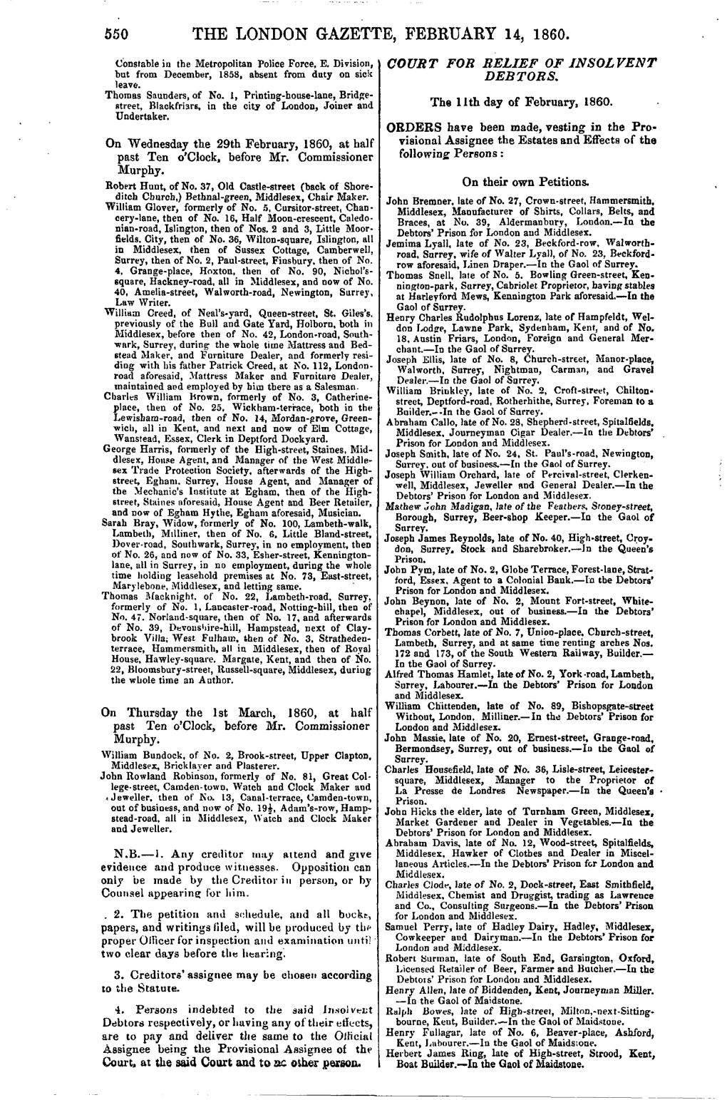 The London Gazette, February 14, 1860