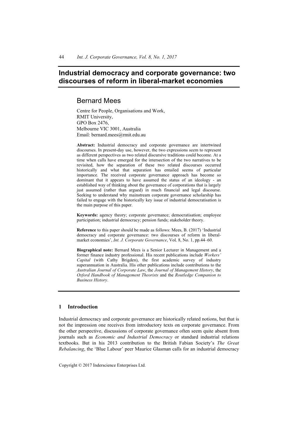 Industrial Democracy and Corporate Governance: Two Discourses of Reform in Liberal-Market Economies