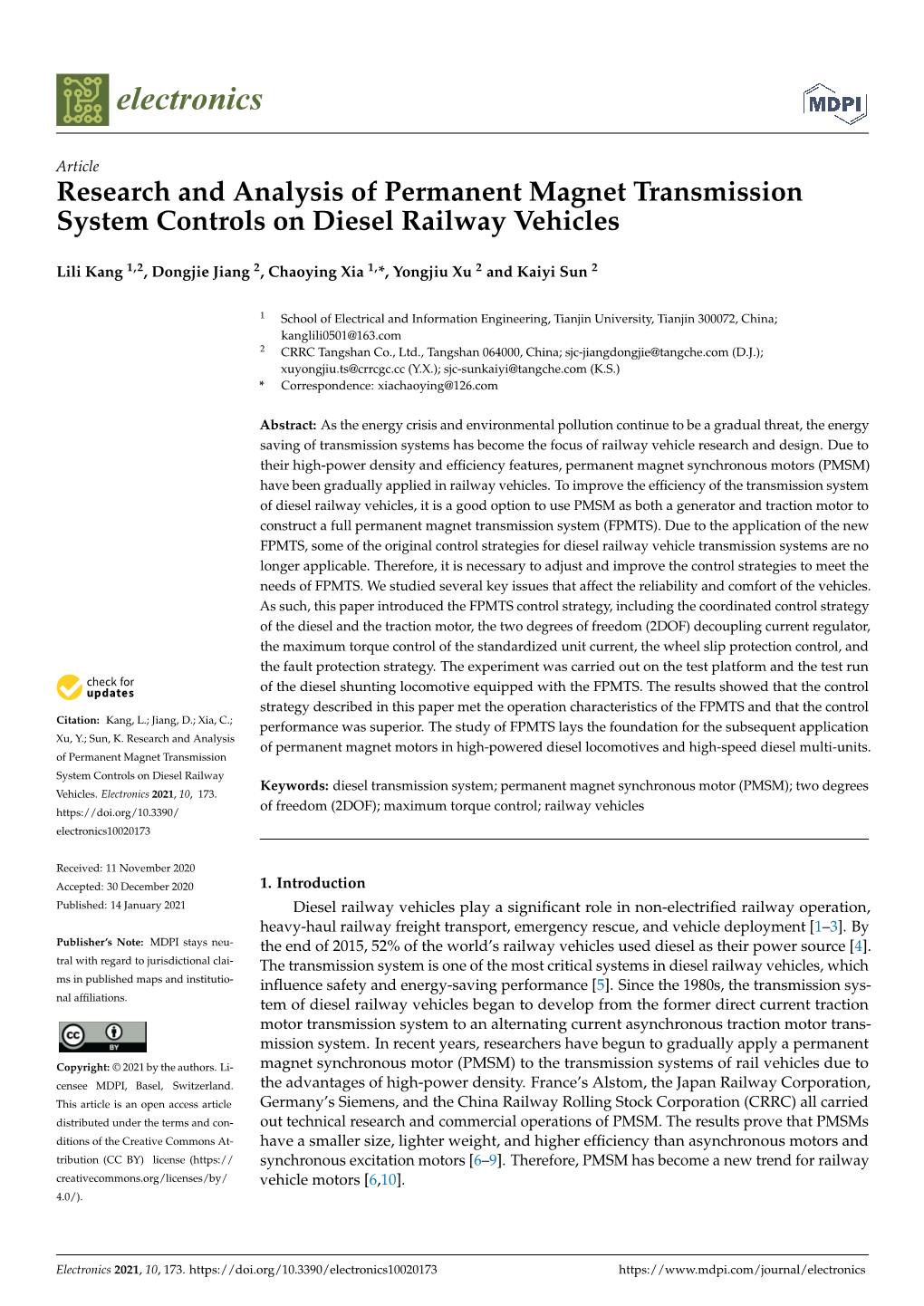 Research and Analysis of Permanent Magnet Transmission System Controls on Diesel Railway Vehicles