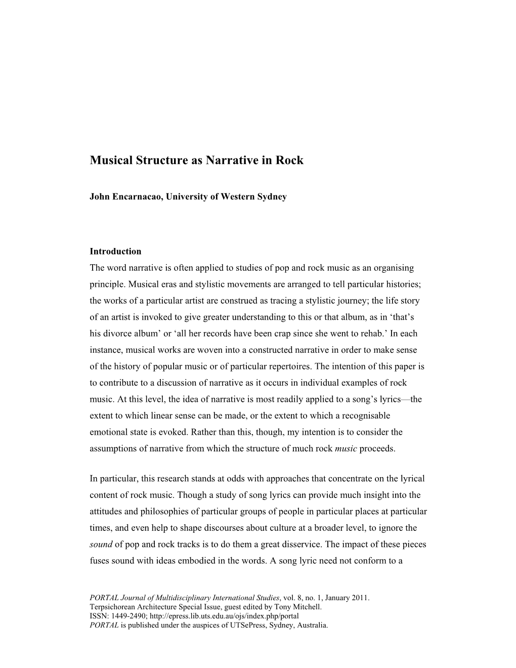 Musical Structure As Narrative in Rock