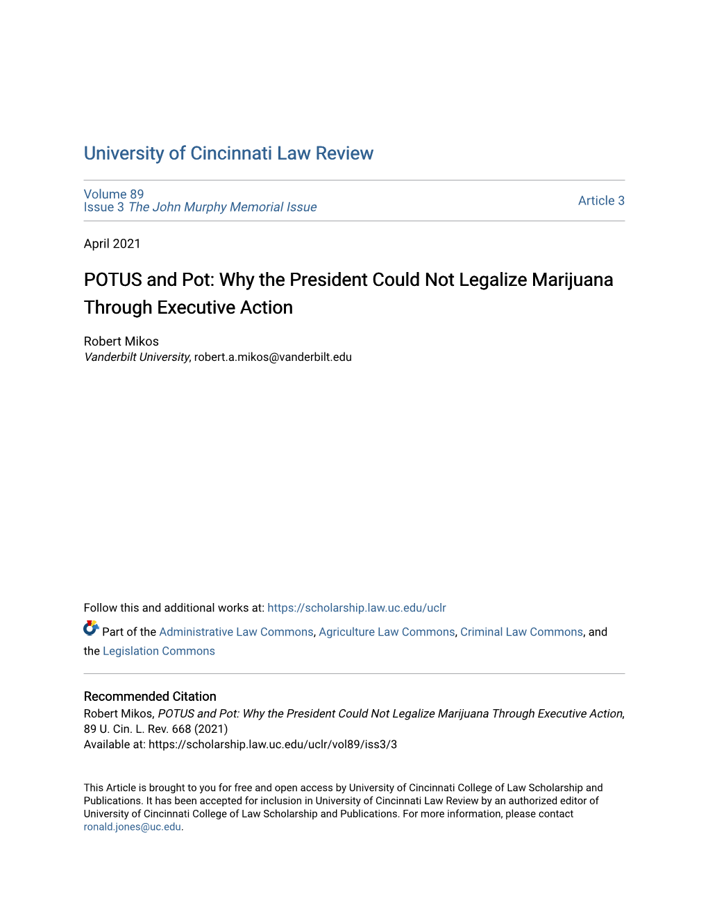 POTUS and Pot: Why the President Could Not Legalize Marijuana Through Executive Action