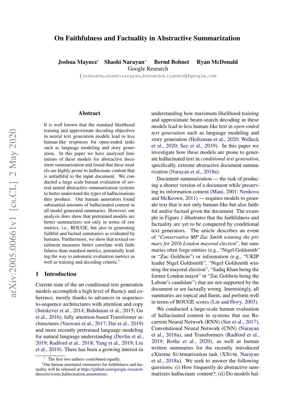 On Faithfulness and Factuality in Abstractive Summarization