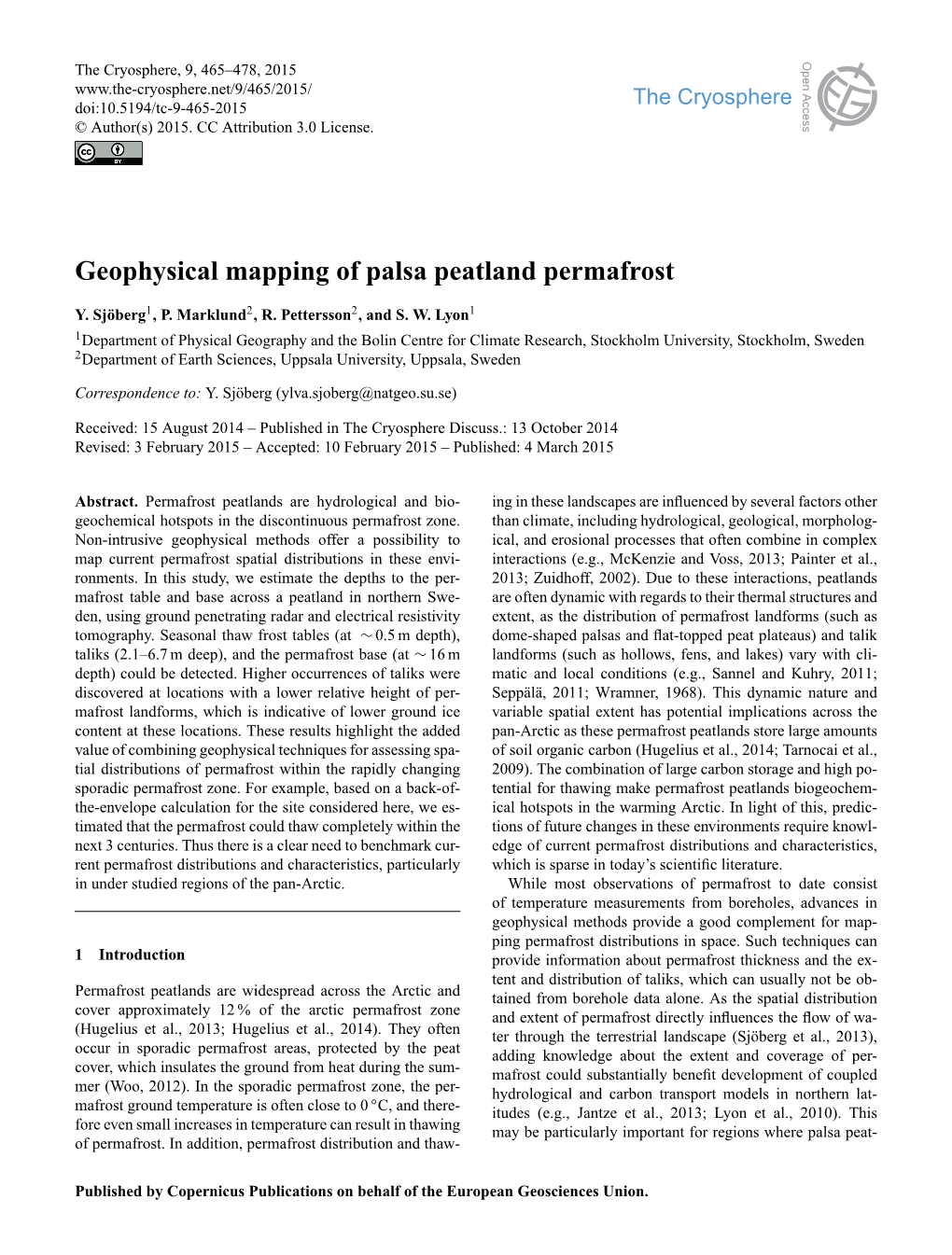 Geophysical Mapping of Palsa Peatland Permafrost