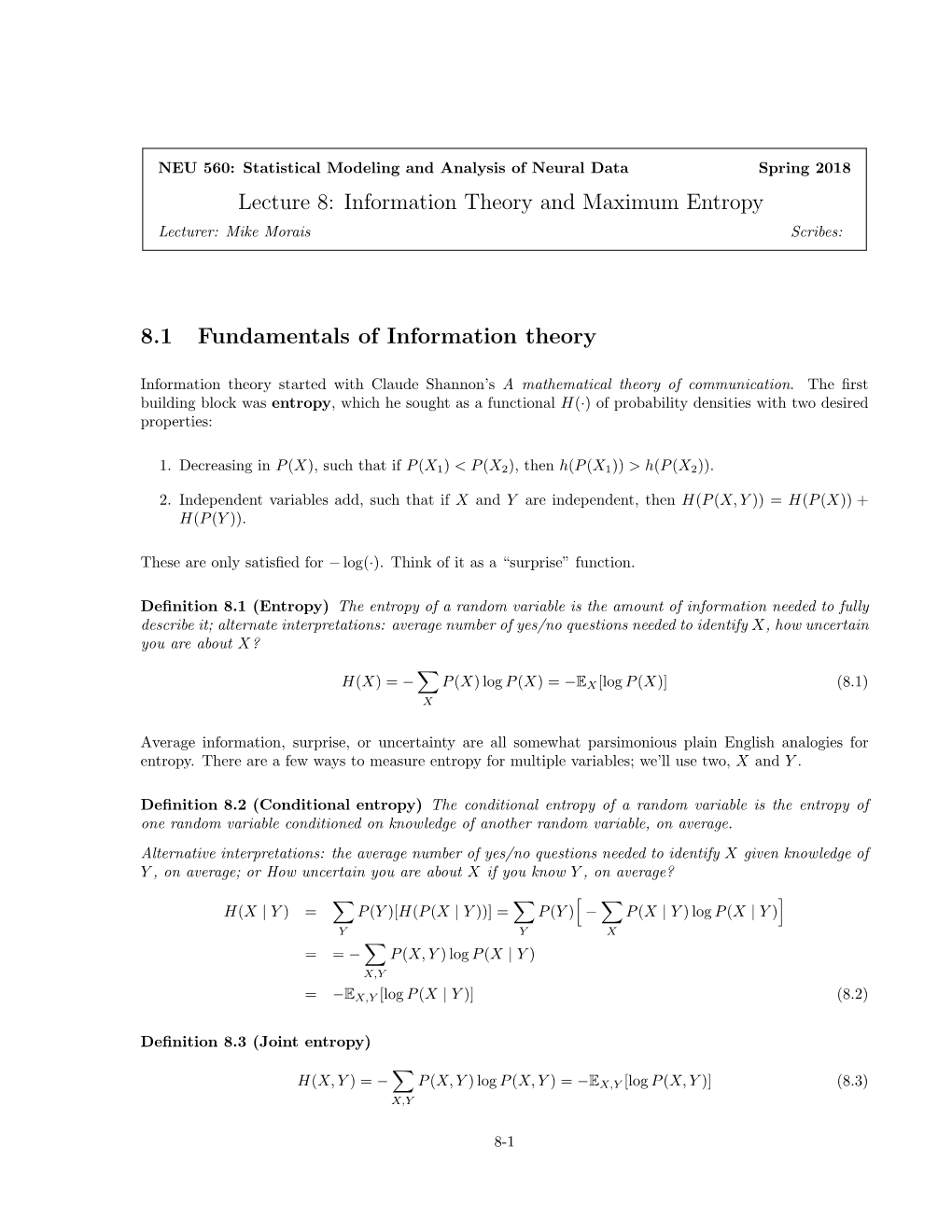 Information Theory and Maximum Entropy 8.1 Fundamentals of Information Theory