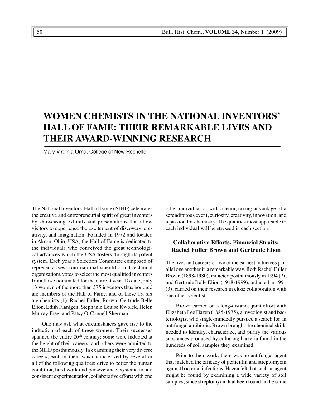 Women Chemists in the National Inventors' Hall Of