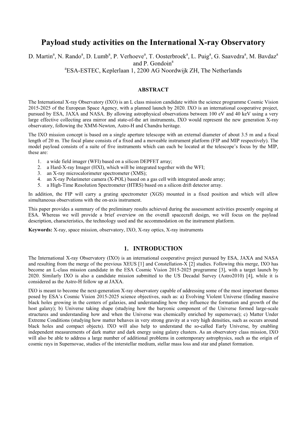 Payload Study Activities on the International X-Ray Observatory