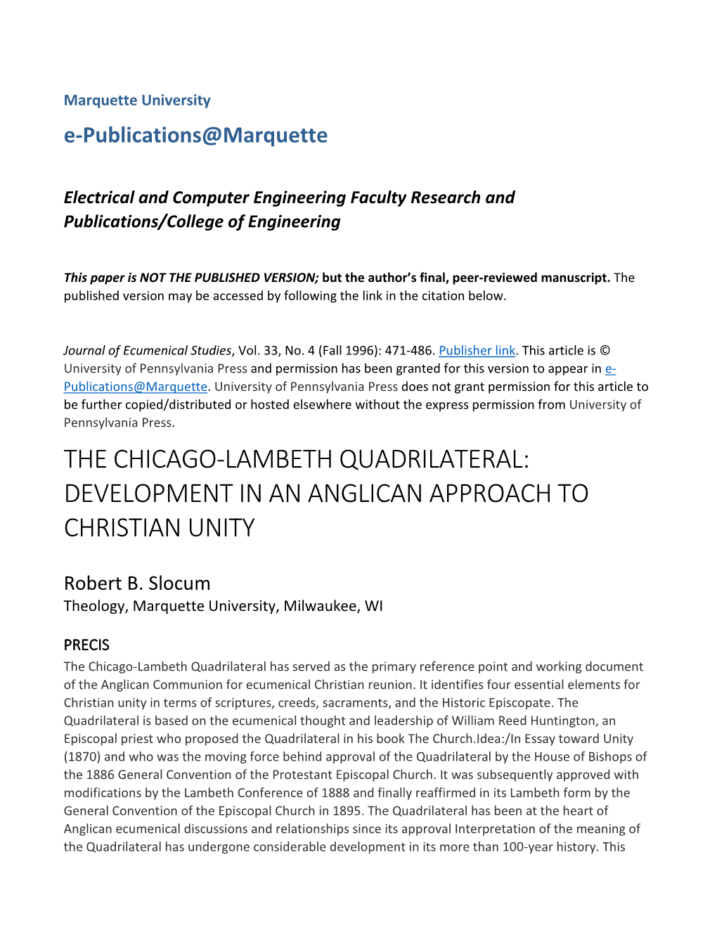 The Chicago-Lambeth Quadrilateral: Development in an Anglican Approach to Christian Unity