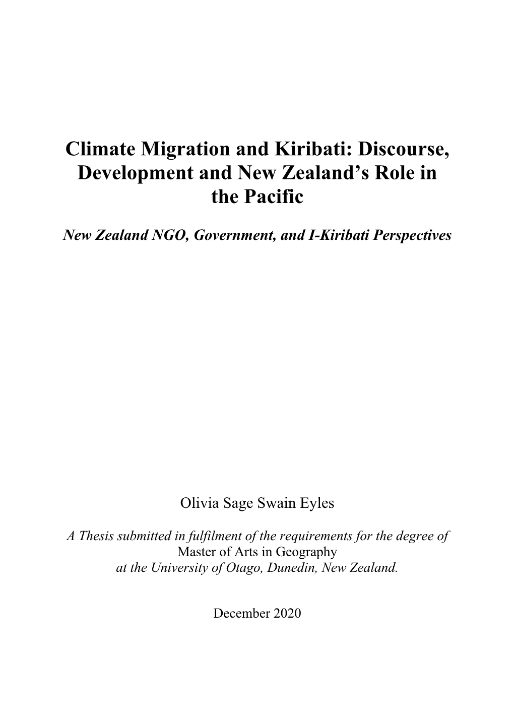 Climate Migration and Kiribati: Discourse, Development and New Zealand’S Role in the Pacific