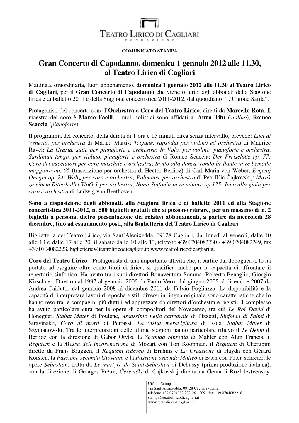 Gran Concerto Di Capodanno, Domenica 1 Gennaio 2012 Alle 11.30, Al Teatro Lirico Di Cagliari