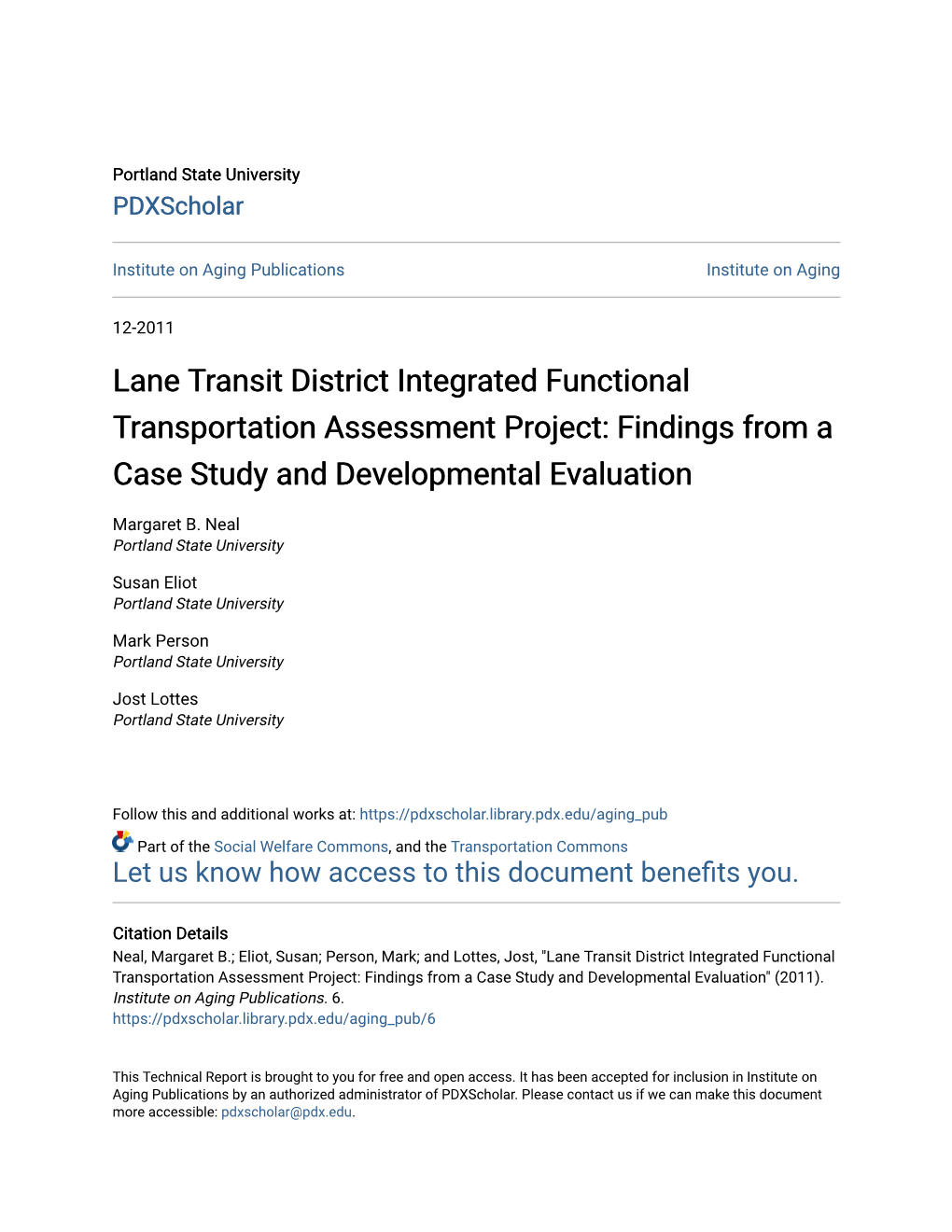 Lane Transit District Integrated Functional Transportation Assessment Project: Findings from a Case Study and Developmental Evaluation