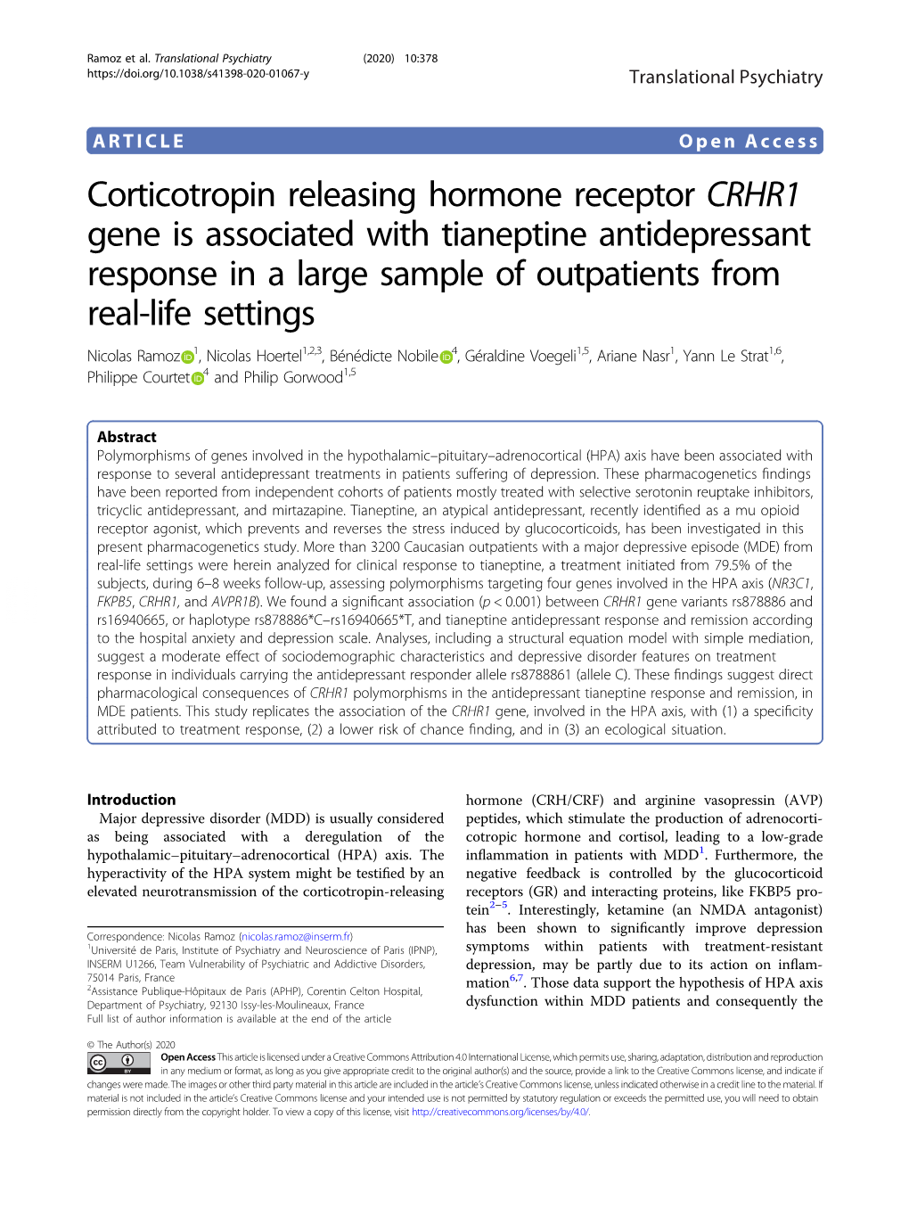 Corticotropin Releasing Hormone Receptor CRHR1 Gene Is