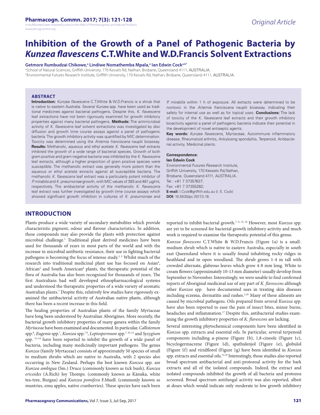 Inhibition of the Growth of a Panel of Pathogenic Bacteria by Kunzea