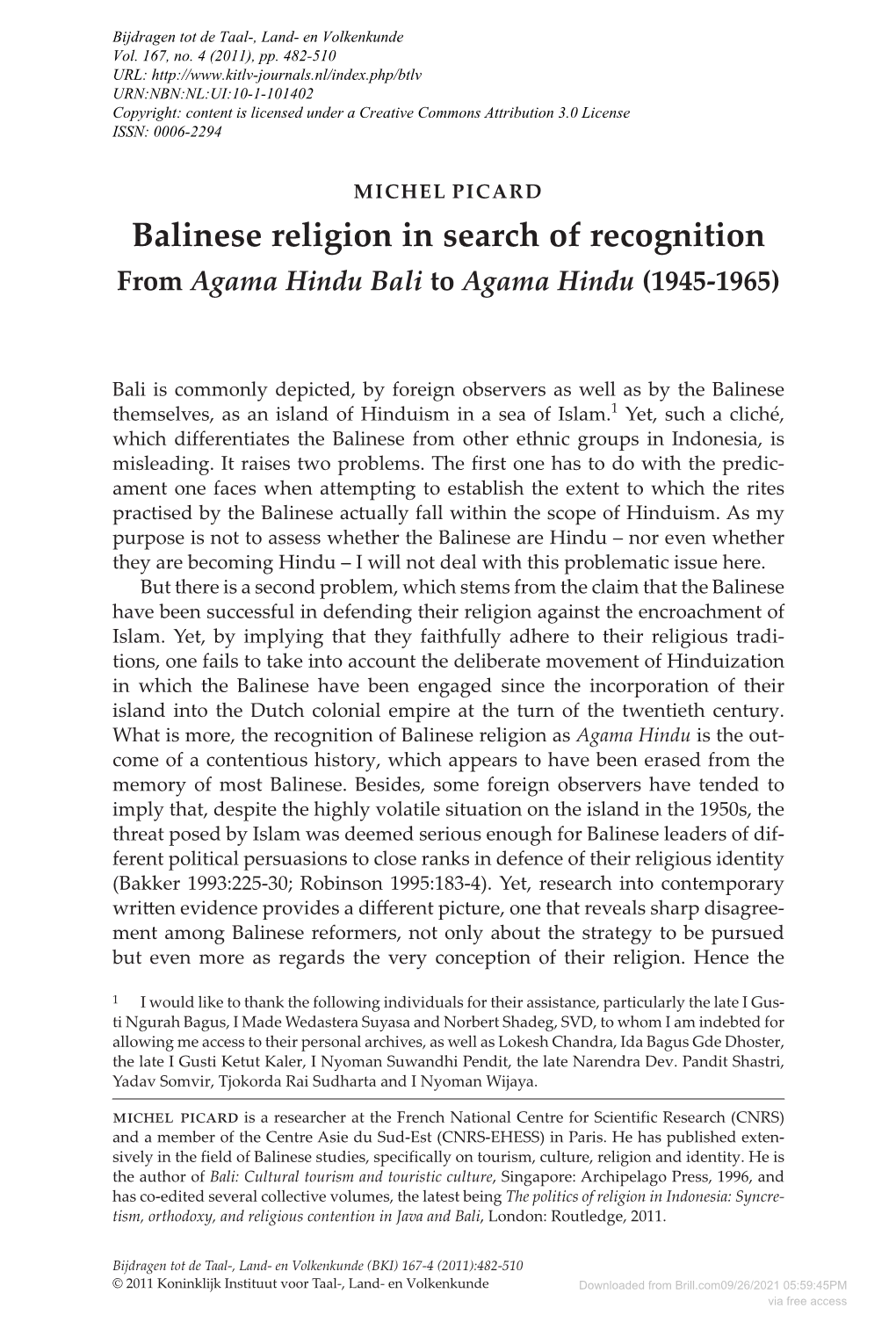 Balinese Religion in Search of Recognition from Agama Hindu Bali to Agama Hindu (1945-1965)