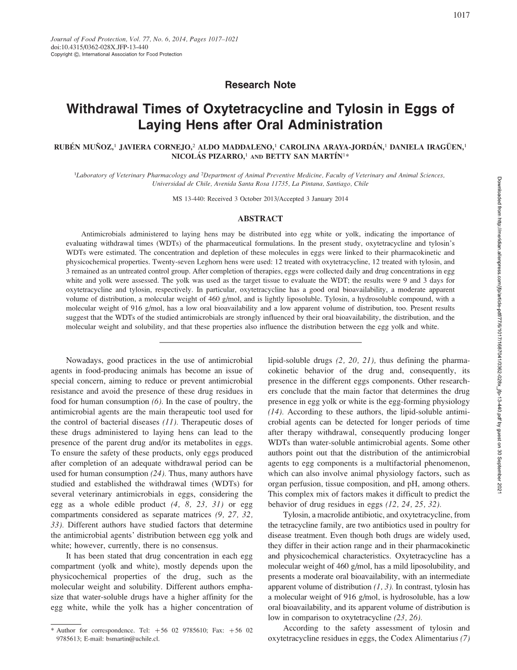 Withdrawal Times of Oxytetracycline and Tylosin in Eggs of Laying Hens After Oral Administration