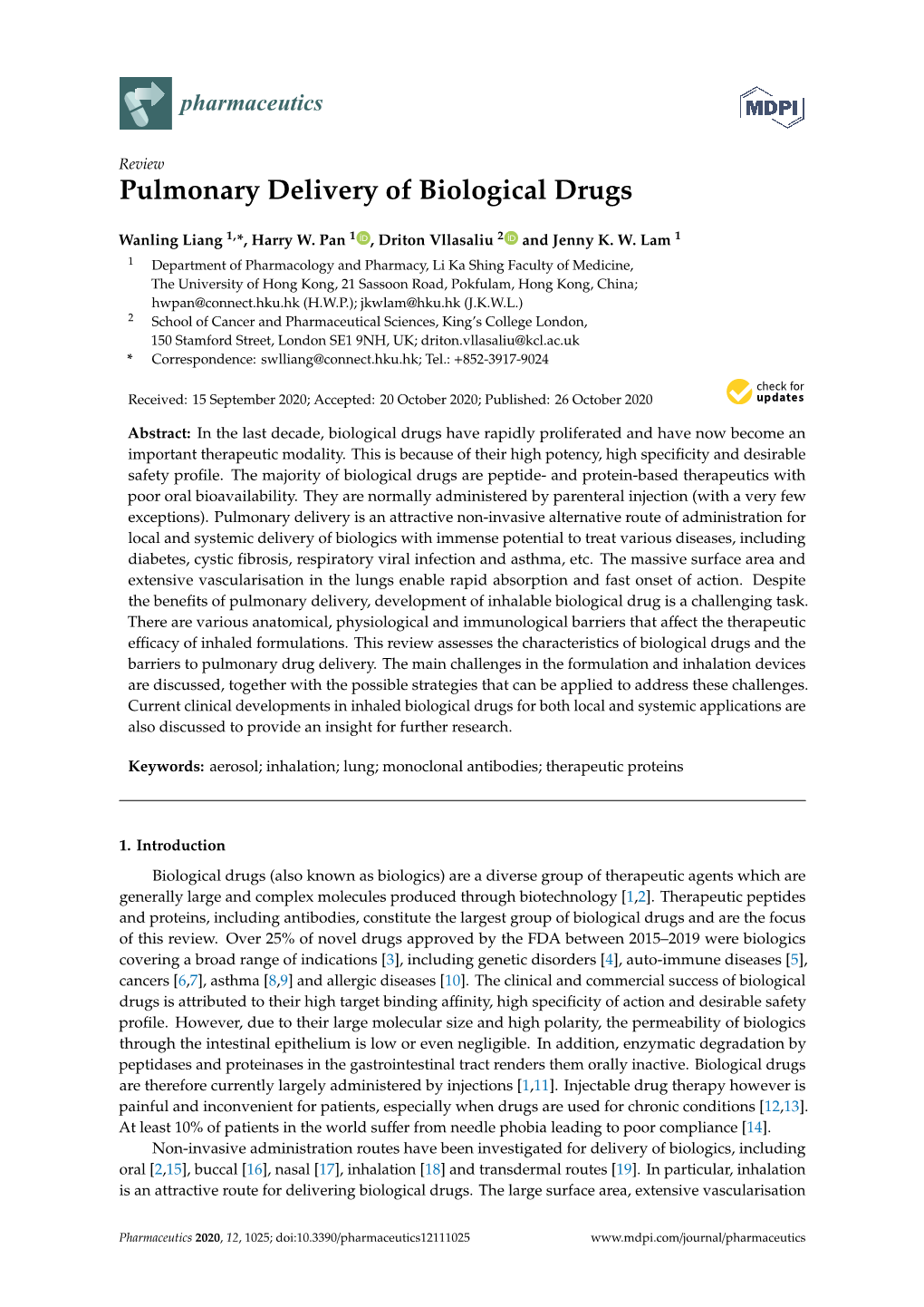 Pulmonary Delivery of Biological Drugs