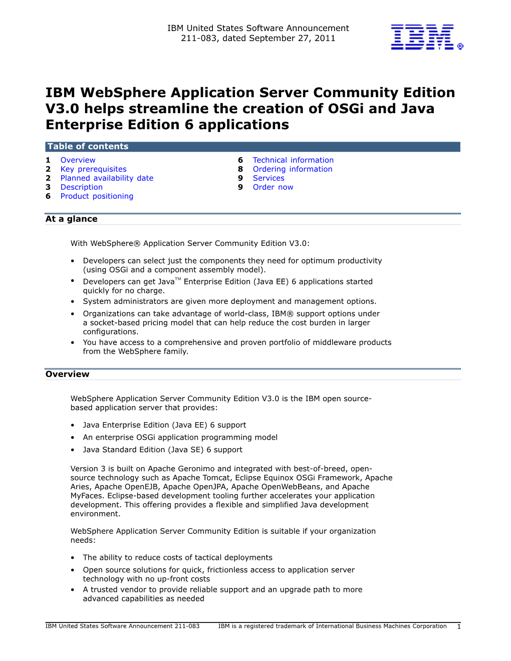 IBM Websphere Application Server Community Edition V3.0 Helps Streamline the Creation of Osgi and Java Enterprise Edition 6 Applications