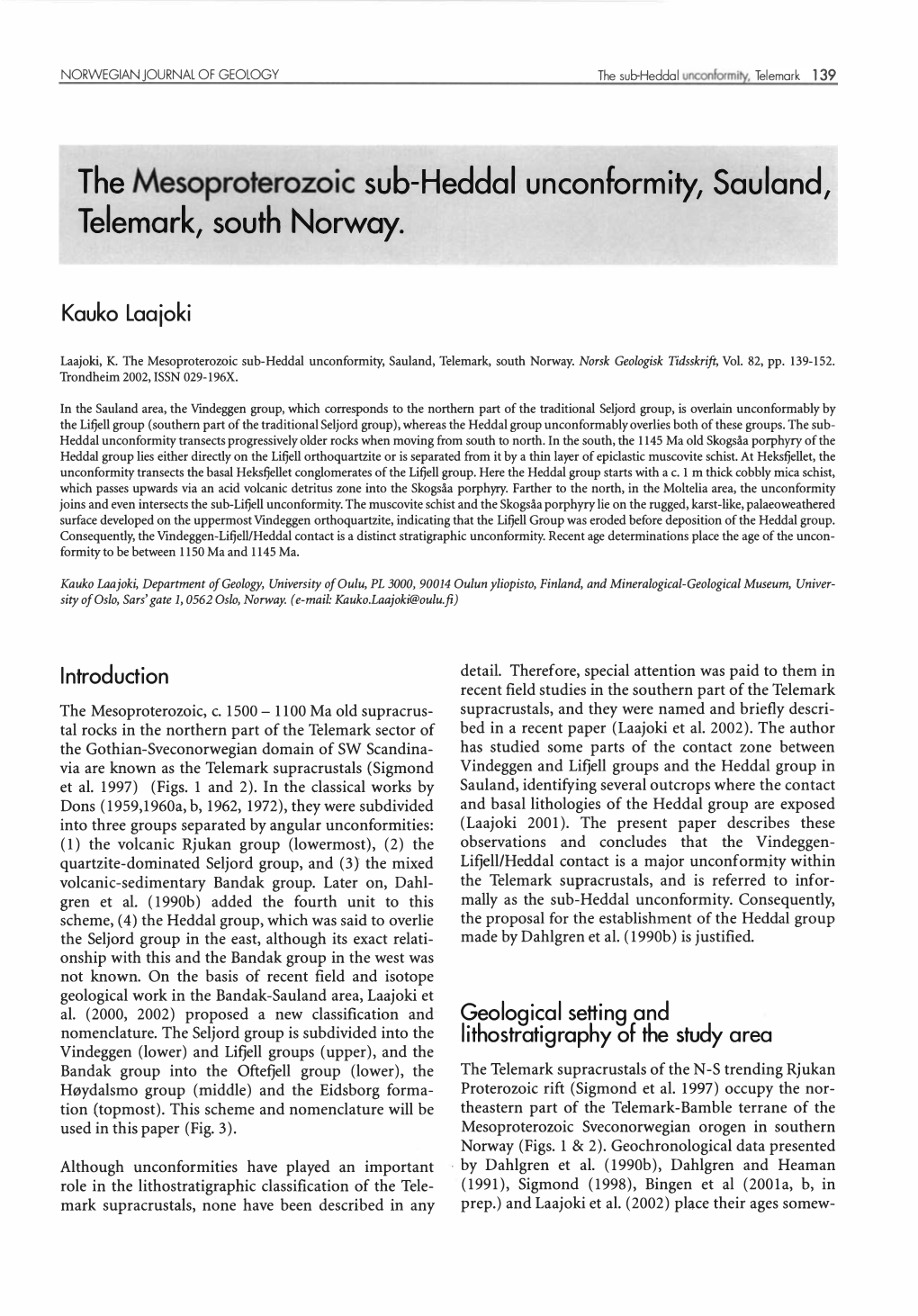 The Mesoproterozoic Sub-Heddal Unconformity, Sauland, Telemark