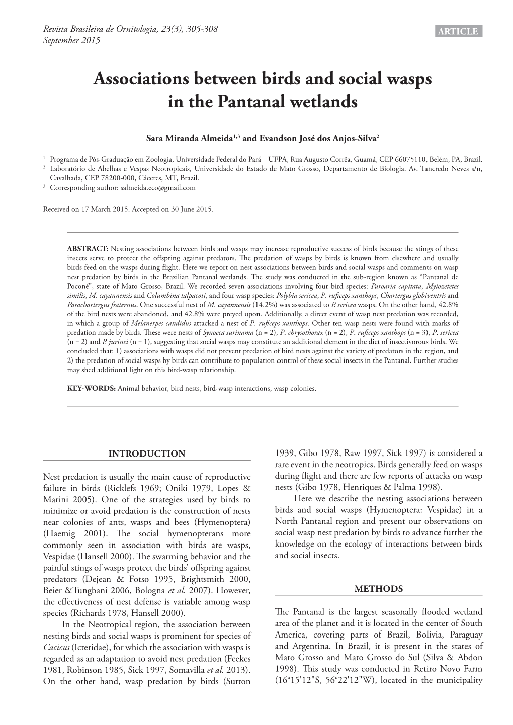 Associations Between Birds and Social Wasps in the Pantanal Wetlands