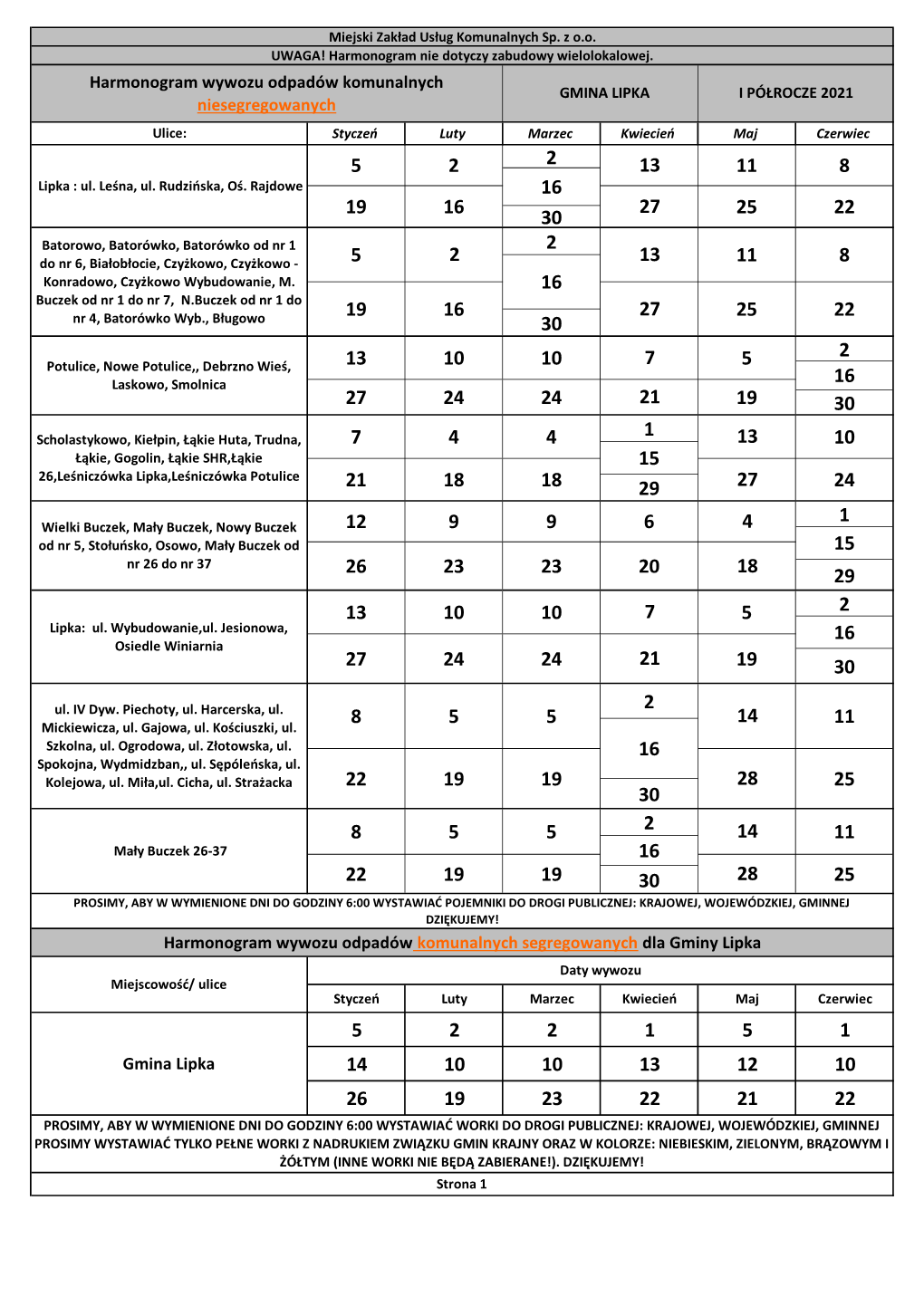 Gmina Lipka Harmonogram Wywozu Odpadów Komunalnych Segregowanych Dla Gminy Lipka Harmonogram Wywozu Odpadów Komunalnych Nieseg