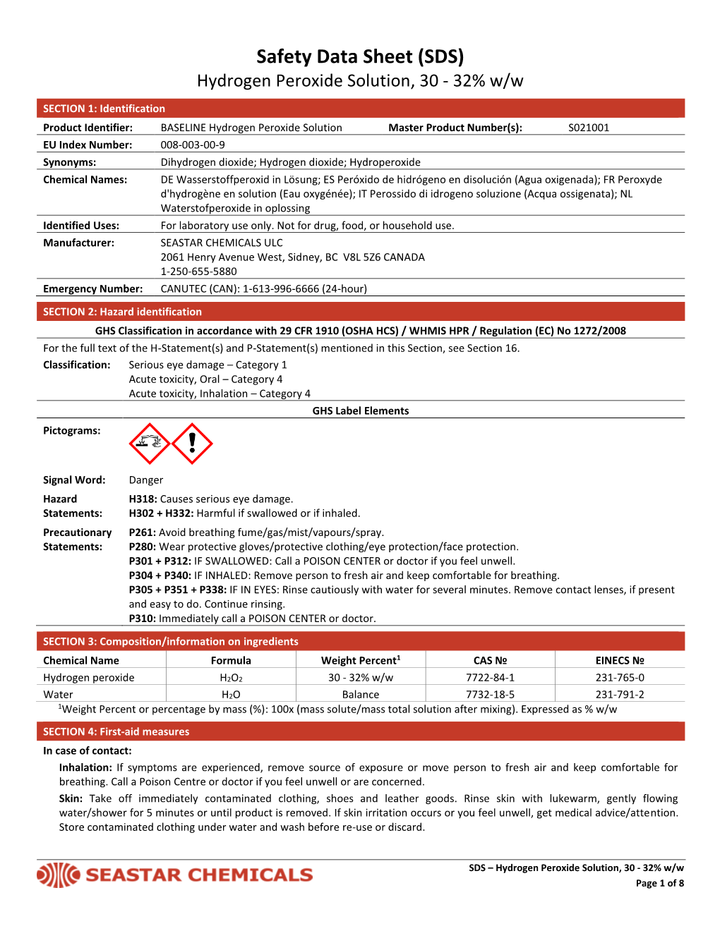 Safety Data Sheet (SDS) Hydrogen Peroxide Solution, 30 - 32% W/W