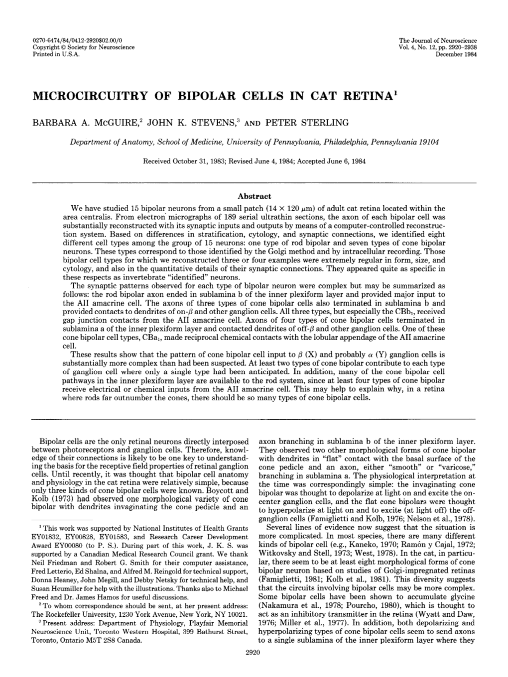 Microcircuitry of Bipolar Cells in Cat Retina1