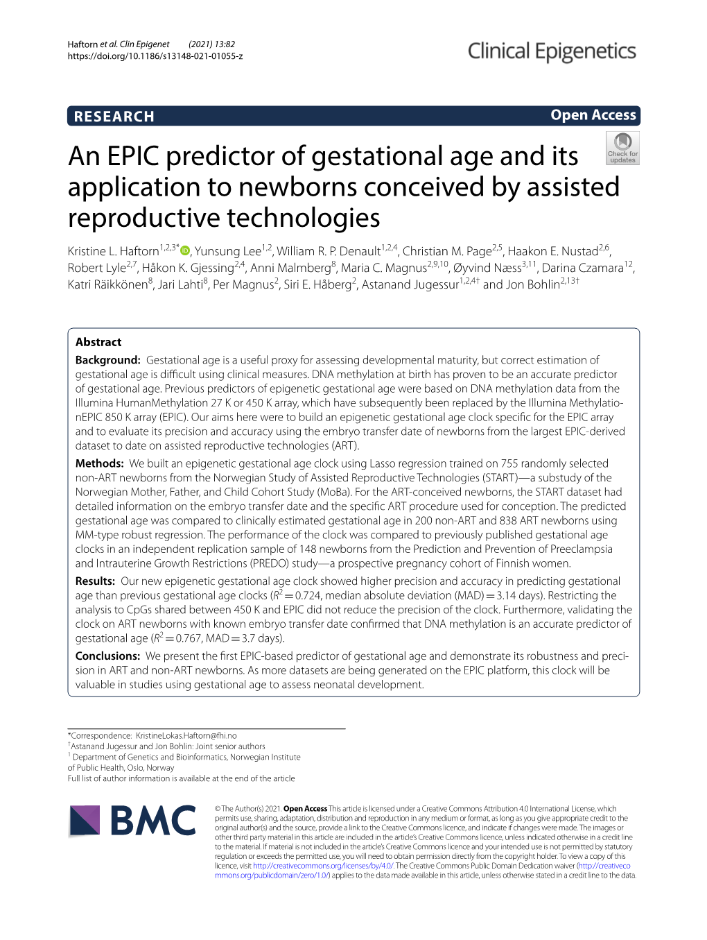 An EPIC Predictor of Gestational Age and Its Application to Newborns Conceived by Assisted Reproductive Technologies Kristine L