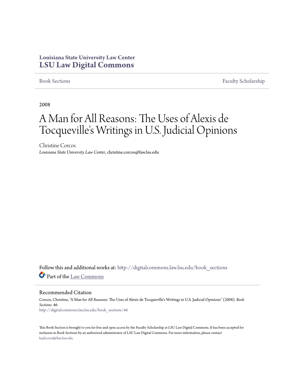 The Uses of Alexis De Tocqueville's Writings in US Judicial Opinions