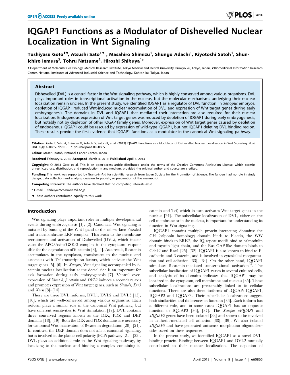 IQGAP1 Functions As a Modulator of Dishevelled Nuclear Localization in Wnt Signaling