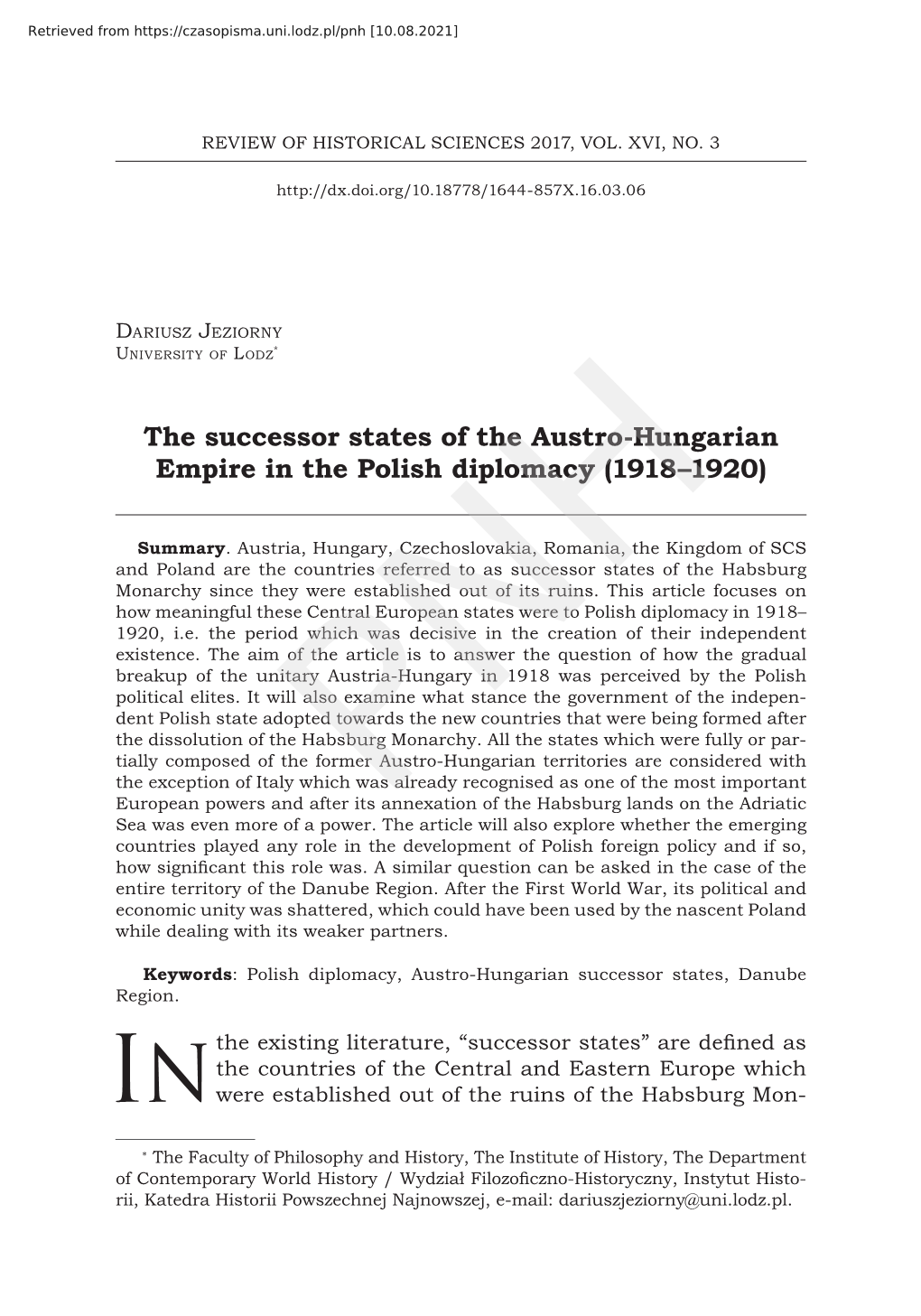 The Successor States of the Austro-Hungarian Empire in the Polish Diplomacy (1918–1920)