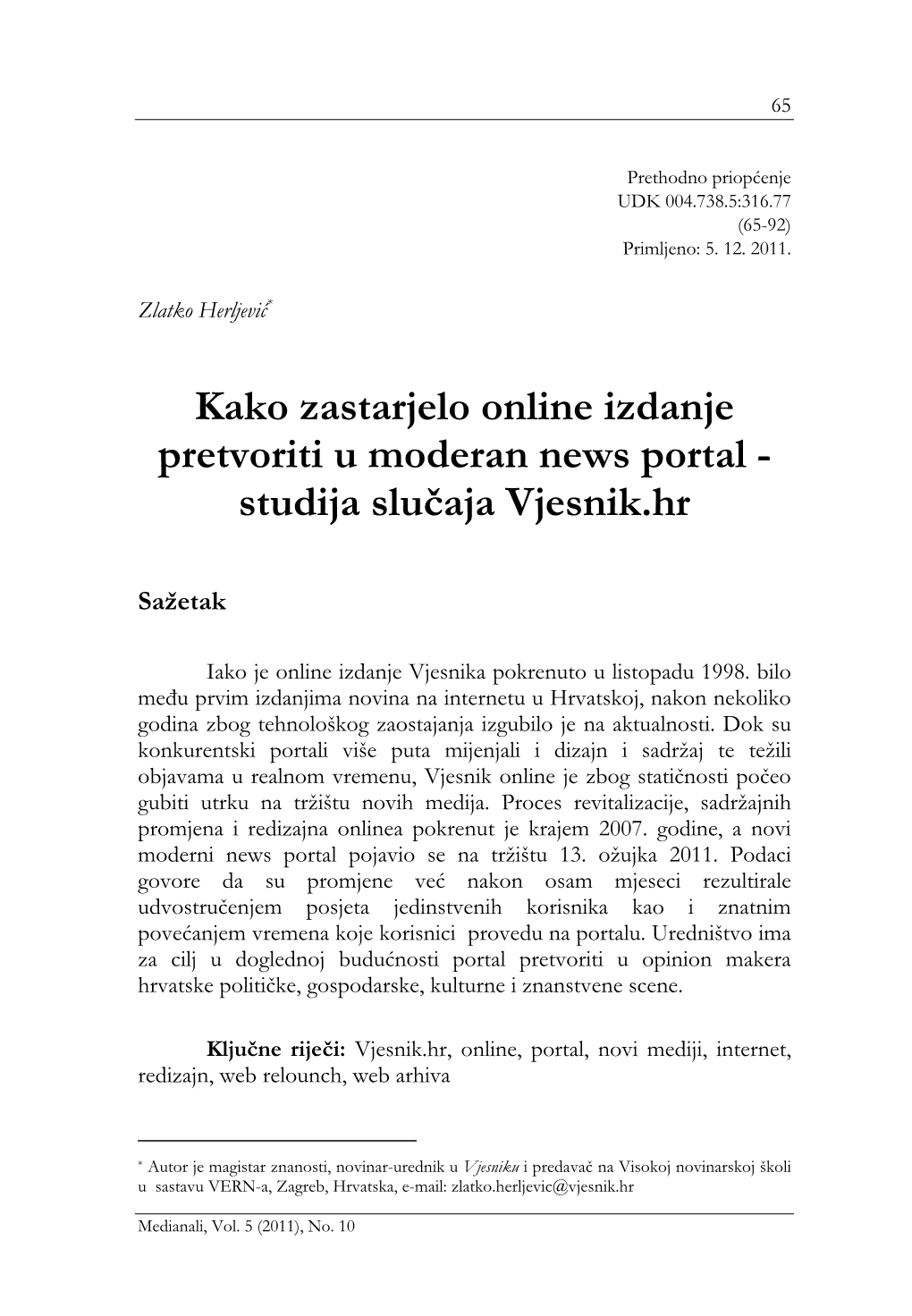 Kako Zastarjelo Online Izdanje Pretvoriti U Moderan News Portal - Studija Slučaja Vjesnik.Hr