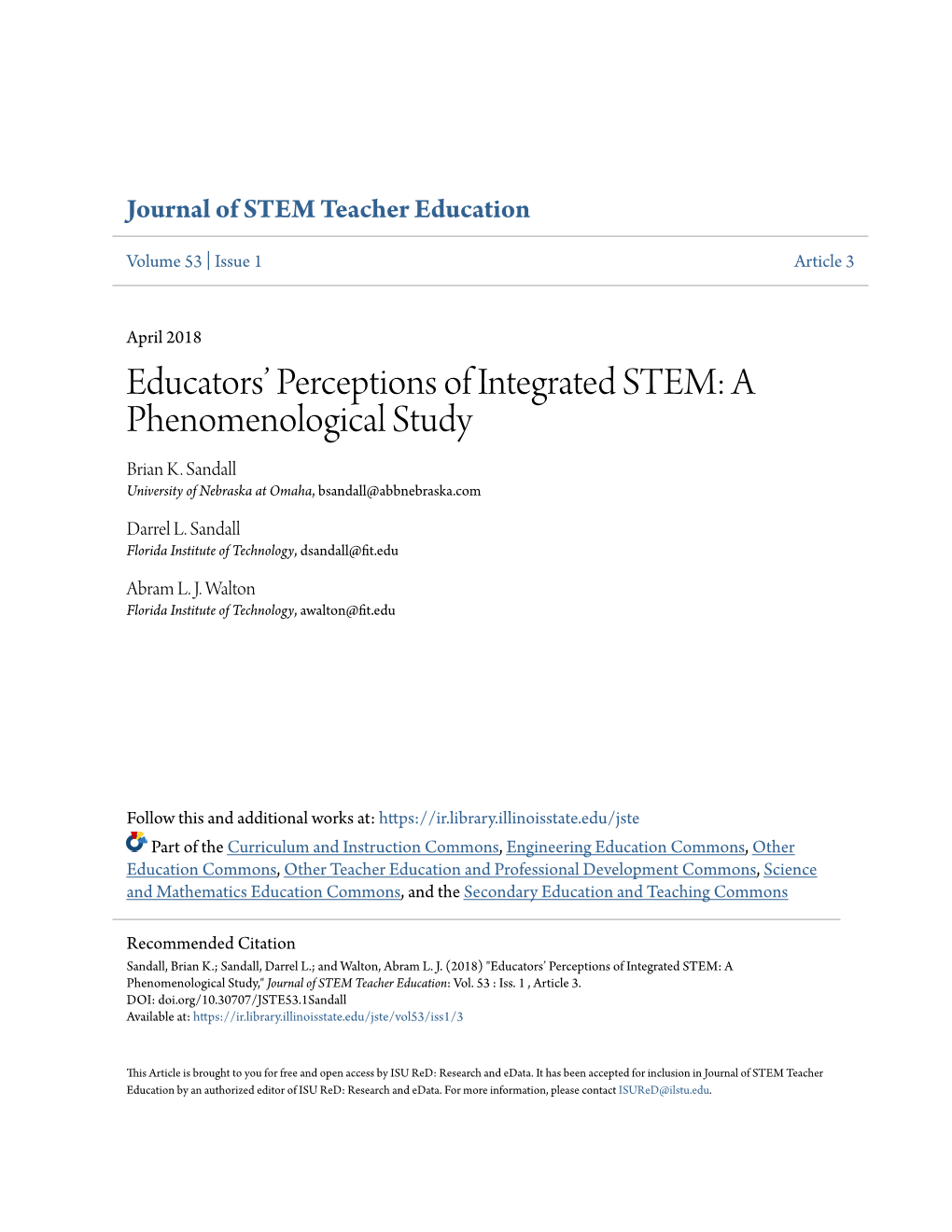 Educators' Perceptions of Integrated STEM: a Phenomenological Study