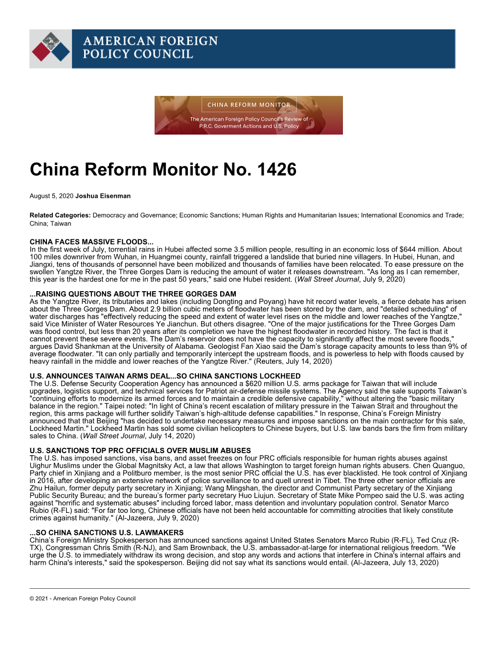 China Reform Monitor No. 1426 | American Foreign Policy Council