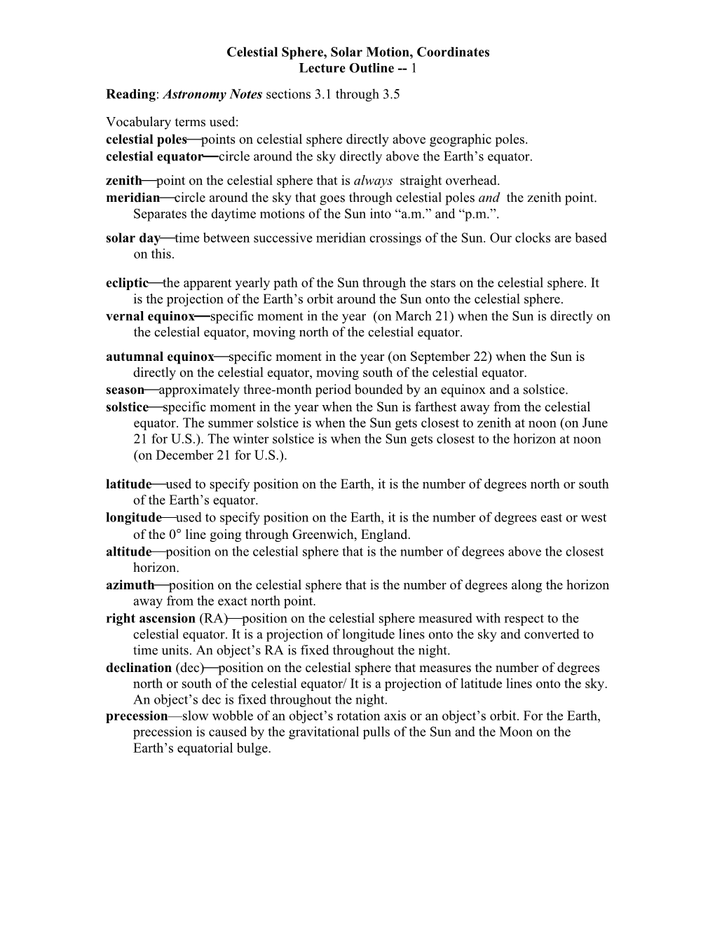 Celestial Sphere, Solar Motion, Coordinates