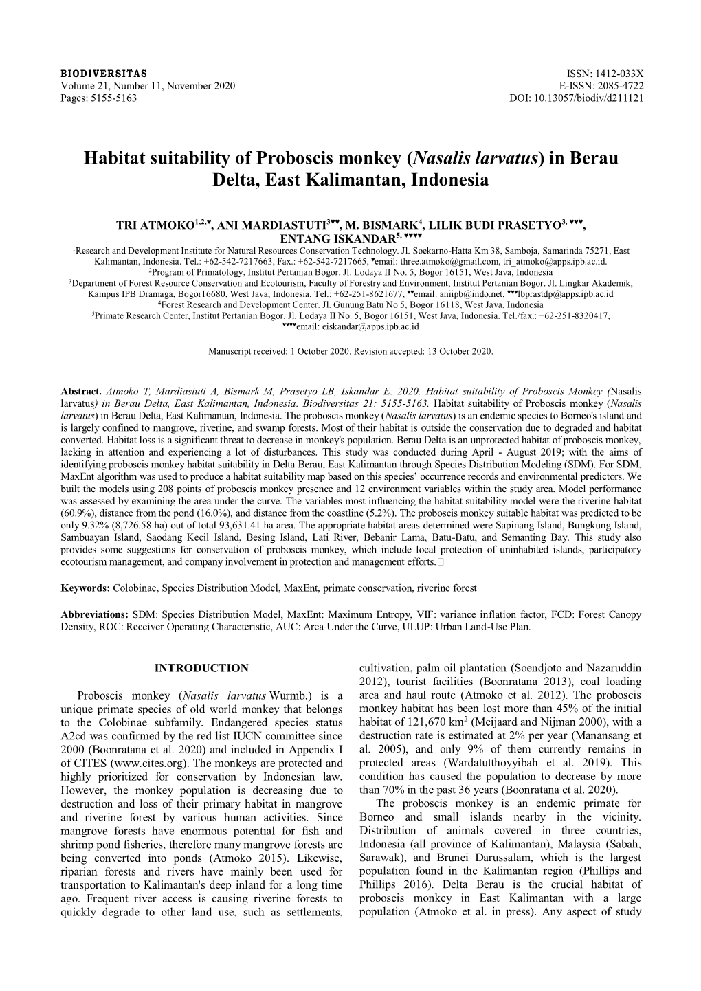 Habitat Suitability of Proboscis Monkey (Nasalis Larvatus) in Berau Delta, East Kalimantan, Indonesia