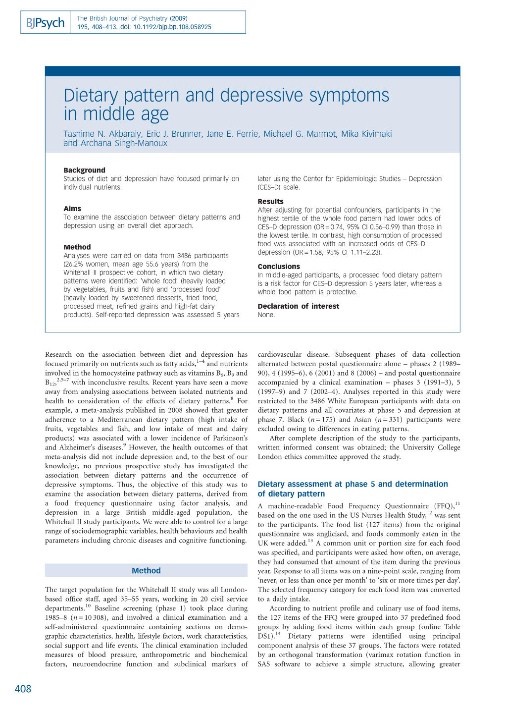 Dietary Pattern and Depressive Symptoms in Middle Age Tasnime N