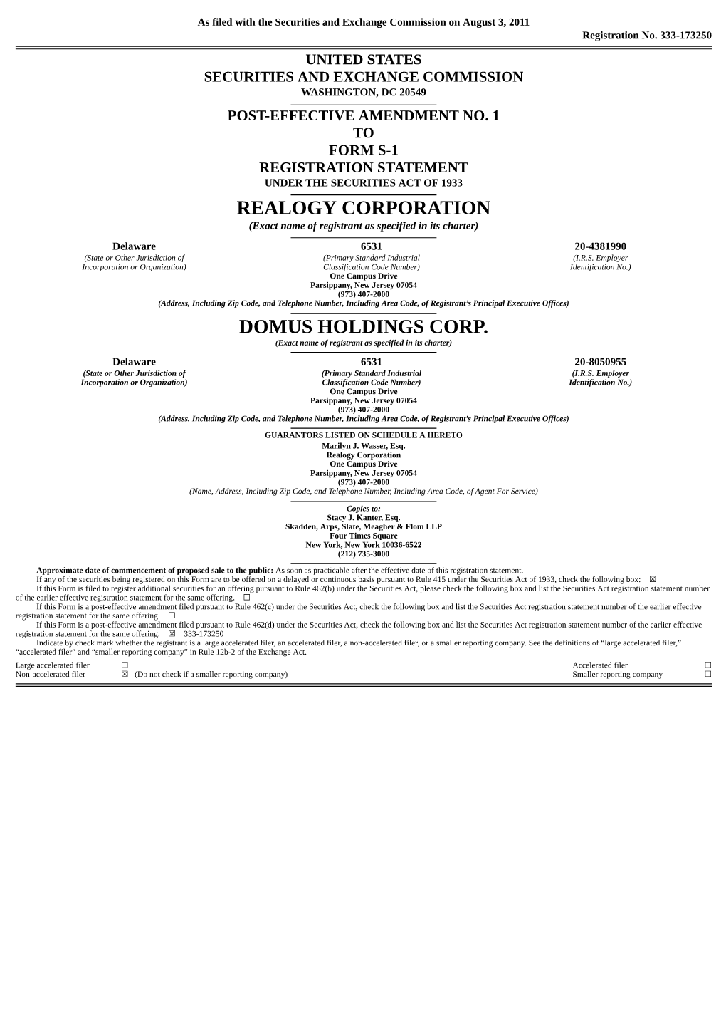 Realogy Corporation Domus Holdings Corp