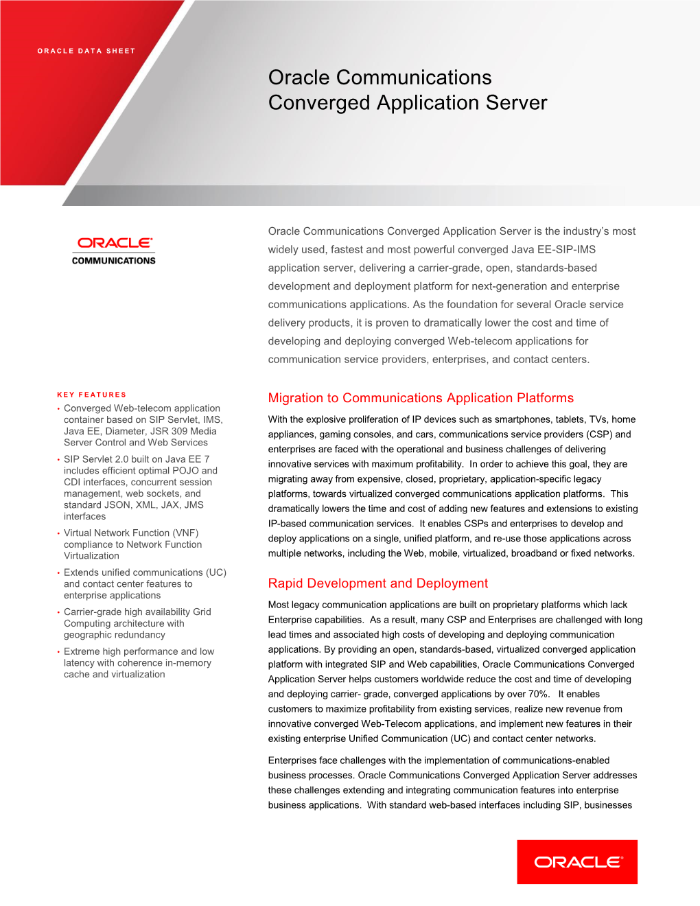 Oracle Communications Converged Application Server Datasheet