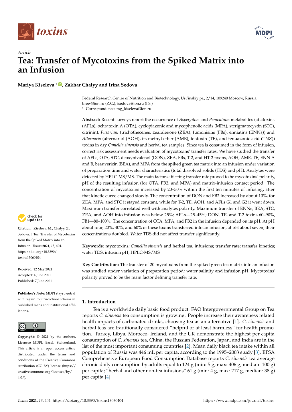 Tea: Transfer of Mycotoxins from the Spiked Matrix Into an Infusion